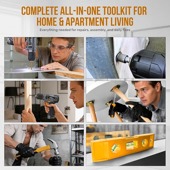 Hi-Spec 8V Cordless Drill Set & Household Tool Kit - USB Rechargeable, Gray | faster holes and screwdriving, bit accessories, portable carry storage, light-duty project control, home setup help, repairs