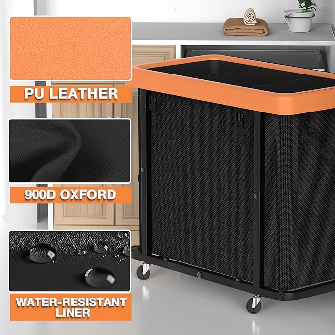 Laundry Basket with Wheels, 230L Leather Patchwork Laundry Sorter 3 Section | Sturdy Metal Frame, Removable Washable Bag, Tall Clothes Sorter for Bedroom - Black