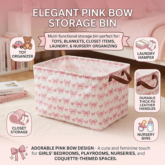 Pink Bow Storage Gift Basket: Waterproof Polyester Collapsible Storage Bin