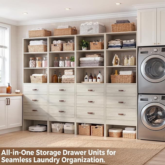 8FT Closet System with Leather Handles, 96" Walk-in Closet Storage Unit with Cabinet, Wood Wardrobe Closet Organizer and Storage with 12 Drawers, Set of 4, White Oak