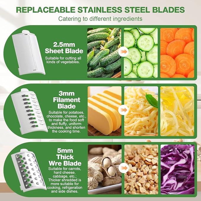 Electric Cheese Grater for Block Cheese - 3 in 1 Rotary Cheese Grater Electric Rotary Grater Salad Shooter Electric Slicer for Cheeses, Fruits, Vegetables and Nuts (Green, 6.89"x7.87")
