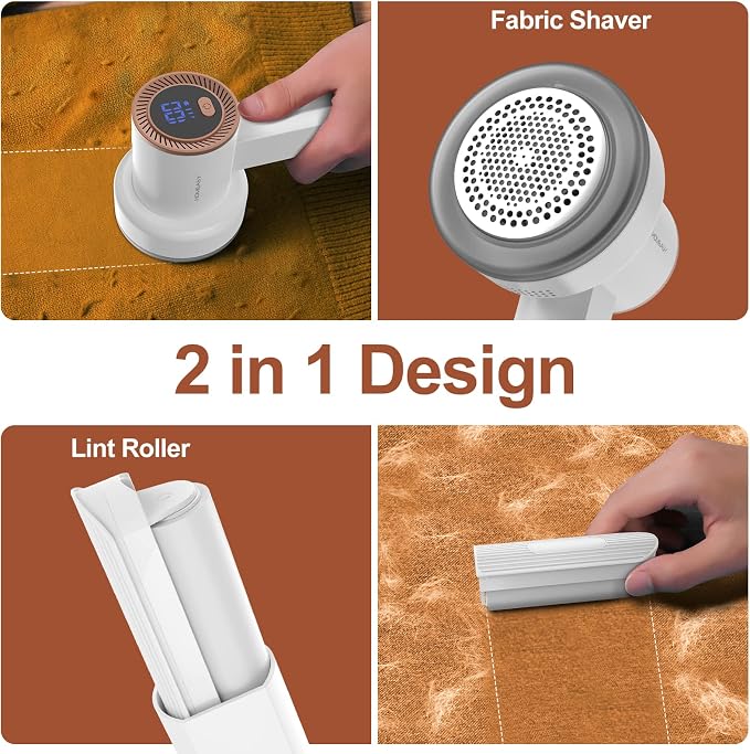 HOMEASY Fabric Shaver, Rechargeable Lint Remover for Clothes White | Electric sweater shaver and depiller with 70mm head, 6-leaf blades, LED battery display and Type-C charging for Furniture