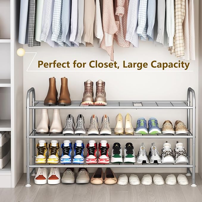 LINZINAR 3 Tier Long Shoe Rack for Closet Metal Shoe Organizer for Entryway | Spacious design stores 20+ pairs of shoes,durable metal frame,space-saving organizer for closet, hallway, and Entryway Grey