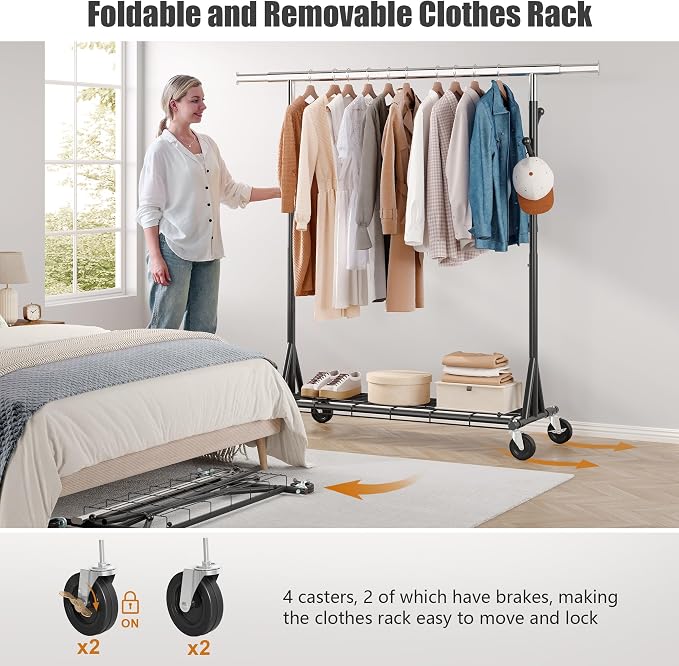 Gewudraw Clothes Rack Heavy Duty 530 LBS Capacity, Portable, Foldable,Black | Rolling Clothing Rack With 4" Wheels, Shelf, Hooks, Adjustable, Collapsible, Garment Rack for Wardrobe,Bedroom, Laundry Room