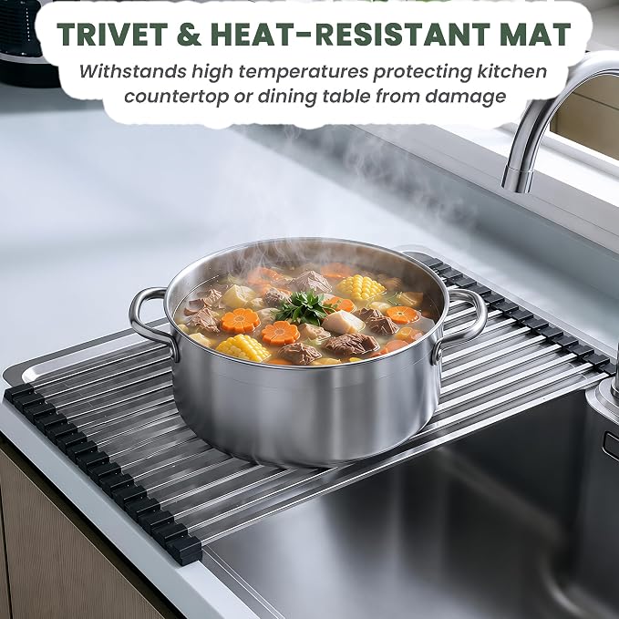 Roll Up Dish Drying Rack Over the Sink 304 Stainless Steel Kitchen Drainer | Durable and Rust Proof, Support Heavy Load, Easy to Clean, Foldable, Space Saving, Anti-Slip, Multipurpose, 17 x 13 Inches