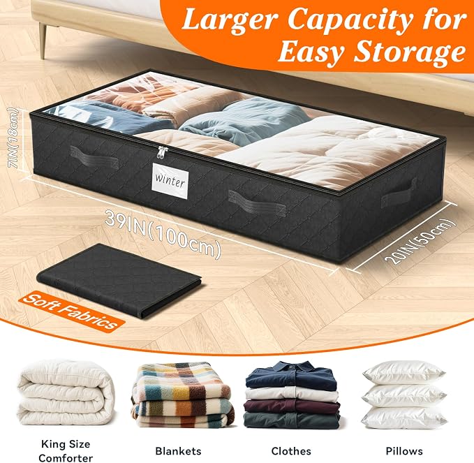 90L Under Bed Storage Containers, Storage Bags, Organizers, 6-Pack, Black | Foldable, Soft Fabric, Closet Organizers, Reinforced Handle, Label Holder, Clear Window, for Comforters, Clothing, Blankets