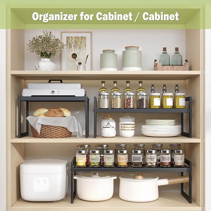 DOLALIKE Expandable Kitchen Countertop Organizer, Stackable Cabinet Shelf Organizers, Space Saving Spice Rack Pantry Storage for Bathroom Office Organization (Black, 2 Pack) | Space Saving Metal Pantry Storage Racks for Kitchen Spice Rack Pans and Unte...