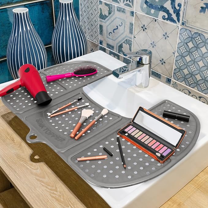 Sink Topper Bathroom Sink Cover for Counter Space, Large Silver | Holds up to 7 lb on a steel frame; fits over basins 19-23 in; 480°F silicone; foldable makeup mat; countertop extender
