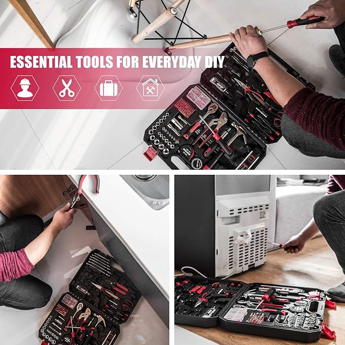 Eastvolt 218-Piece Household Tool Kit, Auto Repair Tool Set, Tool Kits for Homeowner, Plier, Screwdriver Set, Socket Kit and Toolbox Storage Case,Black + Red (Pack of 3)