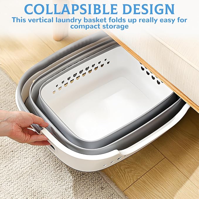 2 Pcs Collapsible Laundry Baskets for Clothes, 43L Plastic Laundry Hamper for Dorm Bedroom, Space Saving Pop-Up Laundry Hamper Container, Durable Foldable Laundry Basket with Handles (Grey-White)