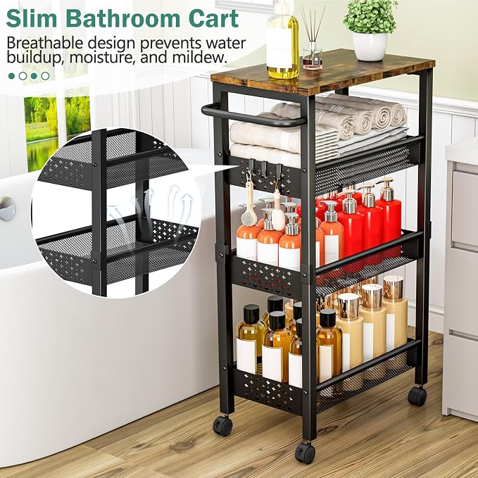 Vivihomety 4-Tier Laundry Utility Rolling Cart with Wheels, Kitchen & Bath | Narrow 8.1" wide, lockable wheels, wood top panel, metal frame, for laundry room, small spaces, pantry, tight gaps, Black