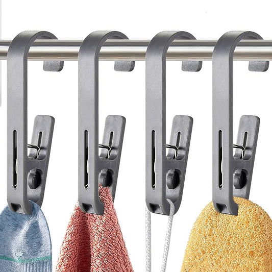 Laundry Hooks with Clips Hanger Closet Organizer Clamps Socks Boot Bras Towels for Bathroom Wardrobe Kitchen Office 4Pcs (Grey)
