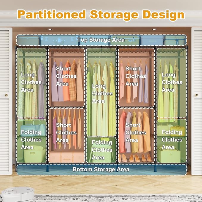 ULIFHOME Clothes Rack, Heavy Duty Garment Rack, Extra Large Portable Closet | H50 Clothing Racks for Hanging Clothes, Freestanding Wardrobe Closet 89.8'' W x 15.8" D x 76.2" H, Max Load 1400 Lbs, Black