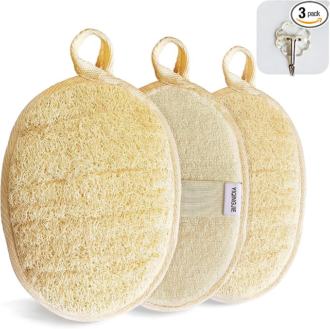 YIQINGJIE Natural Loofah Sponge Exfoliating Body Scrubber (3 Pack),Made with Eco-Friendly and Biodegradable Shower Luffa Sponge, Loofah for Women and Men, Beige