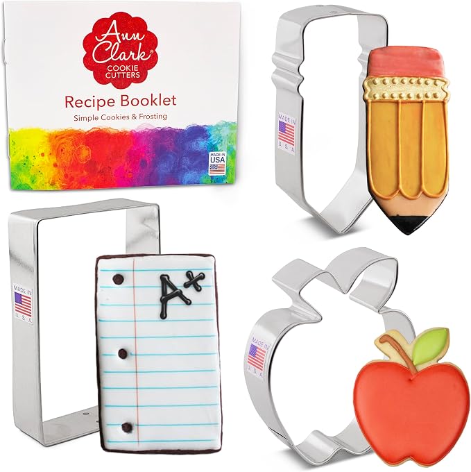 Ann Clark Back to School & Teacher Appreciation Cookie Cutters 3-Pc. Set (Apple, Pencil, Notebook) Made in USA