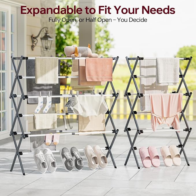 Large Clothes Drying Rack, Metal Expandable Laundry Rack, 44.88" Height, Adjustable Width 20.87-35.43in, Space Saving Foldable, Indoor Outdoor Use for Laundry, Towels, Shoes, Grey White