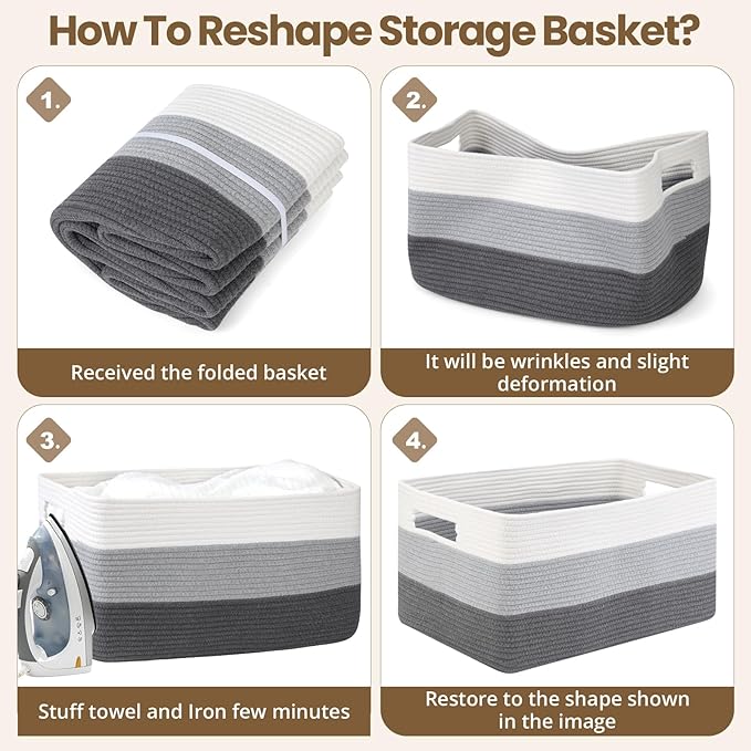 Optish 75L Large Blanket Basket, Woven Storage Baskets with Reinforced Handles, Rope Laundry Basket for Living Room, Bedroom, Nursery, Toys, Clothes,Pillows, 22” x 17” x 11.5”, White & Grey