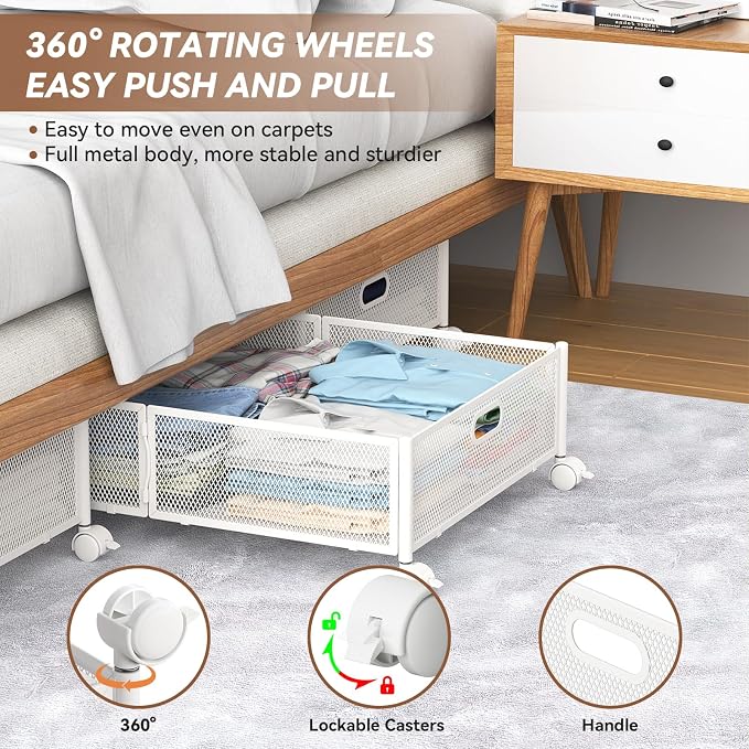 PHINOX Under Bed Storage with Wheels & Handle,Sturdy Metal,2 Pack,White | Tool-free assembly, glide smoothly, easy reach, foldable, maxmazie low-profile beds, dorm, keep seasonal clothes, shoes fresh