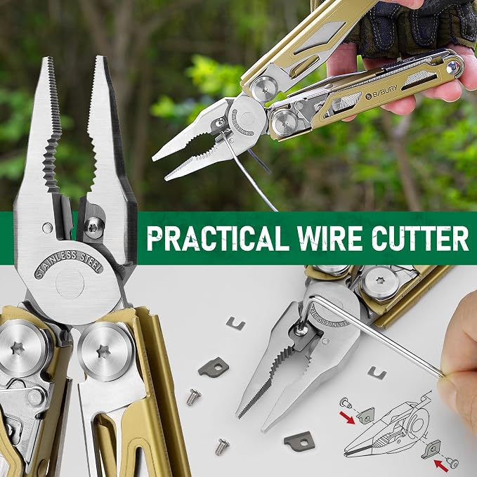 BIBURY Multitool Pliers with 440A Knife & Full Size Scissors, BI2045D | 31-in-1 Multi Tool with Replaceable Wire Cutters, Self-locking EDC Tool with Sheath, Ideal for Outdoor, DIY, Gift for Men