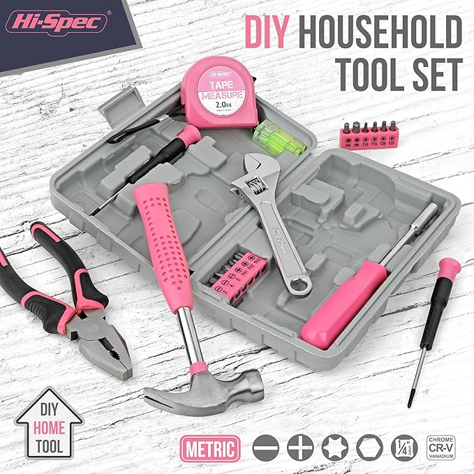 Hi-Spec Pink Tool Set 20-Piece. Ladies’ Starter Basic Hand Tools in a Compact Toolbox Case for Household and Office Repairs and Maintenance.