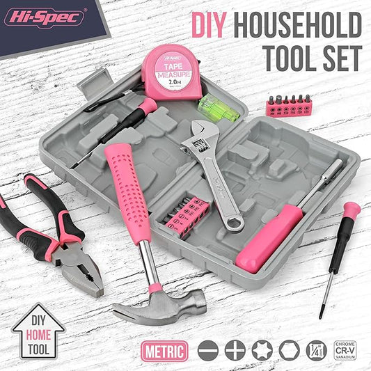 Hi-Spec Pink Tool Set 20-Piece. Ladies’ Starter Basic Hand Tools in a Compact Toolbox Case for Household and Office Repairs and Maintenance.