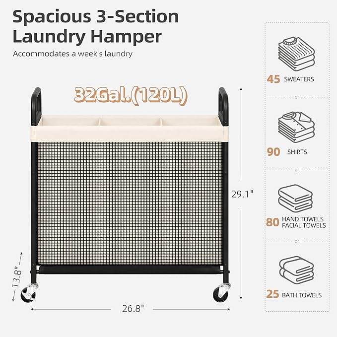 STORAGE MANIAC Rolling Laundry Hamper with Wheels 3-Section Laundry Sorter Rolling Laundrys Basket on Wheels with Removable Bag Clothes Hamper Laundrys Organizer Cart Bathroom Bedroom 120L Beige