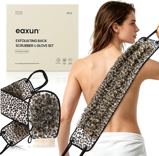 eaxun Exfoliating Back Scrubber with Two Handles & Glove for Shower, Dual-Sided Mitt and Wider Bath Exfoliator with Mesh Loofah for Men, Women, Elderly, Deep Cleansing Body Washer Set - Leopard