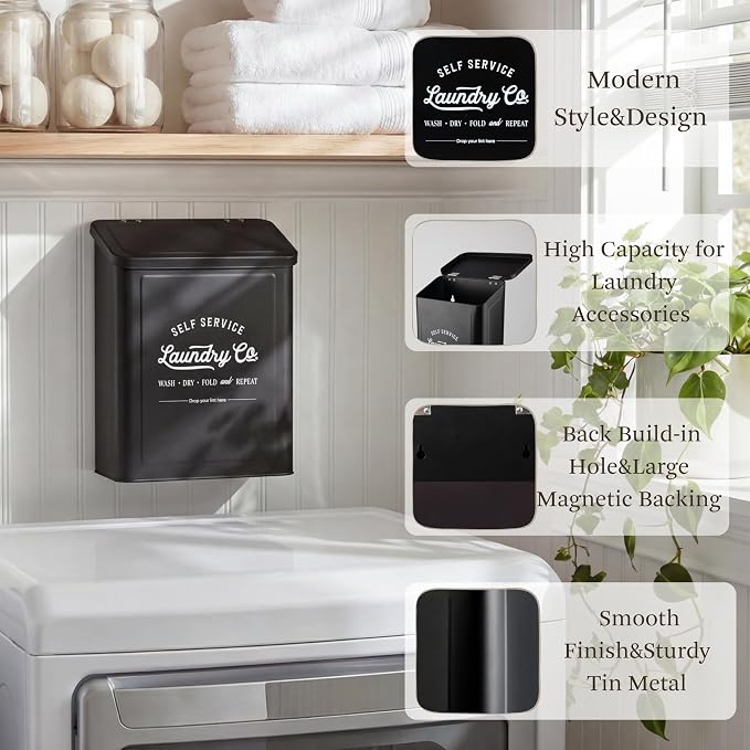 MONJITA Magnetic Lint Bin for Laundry Room, Wall Mounted Lint Trash Can with Lid for Dryer, Laundry Room Organization and Storage with Brush(Black)