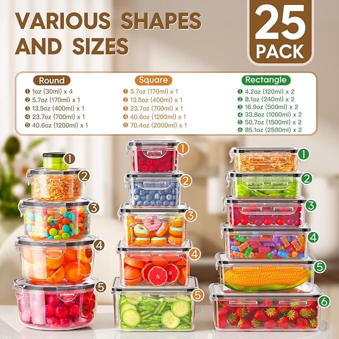KEMETHY 50 PCS Food Storage Containers with Airtight Lids, BPA-Free | Meal prep / Dishwasher safe / Microwave safe / Assorted sizes / Stackable / Labels / Leakproof