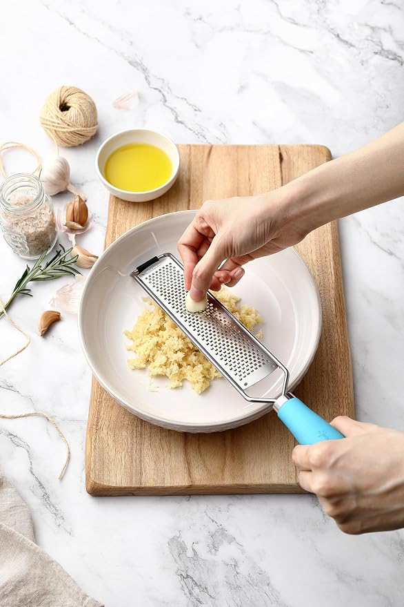 Spring Chef Stainless Steel Lemon Zester Grater with Handle - Garlic, Cheese, Parmesan, Nutmeg, Lime, Ginger Grater - Heavy Duty Kitchen Tool - Citrus Zester with Blade Cover - Fine Shred - Aqua Sky