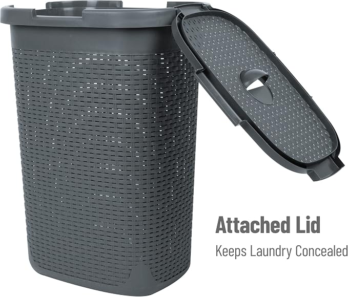 Mind Reader Slim Laundry Hamper with Lid, 60L Tall Clothes Basket, Narrow Tapered Design for Bathrooms, Closets and Laundry Rooms, Plastic, Gray