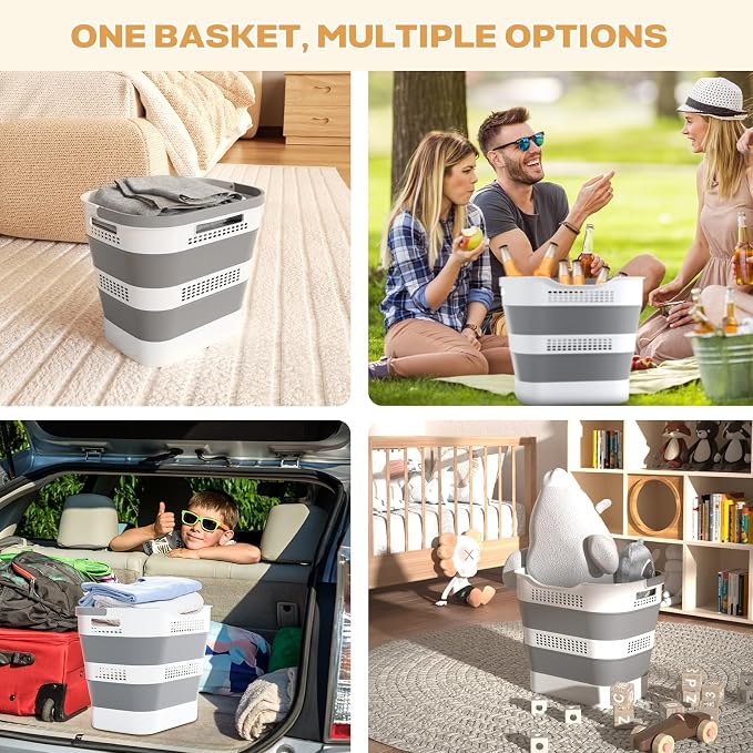 OOAMBB 43L+43L Collapsible Laundry Baskets plastic (Grey, 2 Packs) | Pop Up Laundry hamper/Storage Container, Foldable Laundry Basket with Handles, Durable,Space Saver