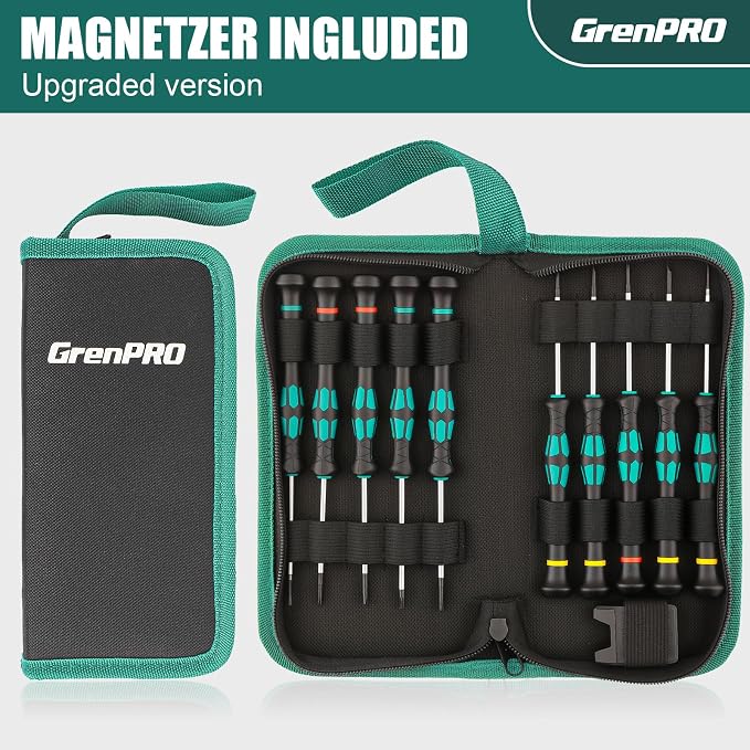 GRENPRO 10-Piece Precision Screwdriver Set, Magnetic Small Screwdrivers with Phillips, Slotted, Torx Star for Eyeglass, Watch, Computer, Laptop, Phone,Green