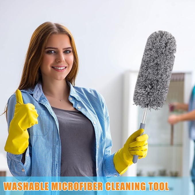 Tanlade 12 Pcs Microfiber Feather Duster for Cleaning, Extendable 13-31 Inch Ceiling Fan Duster with Bendable Head, Washable Tools for Ceiling Fans, Furniture, Car, Cobwebs (Gray)