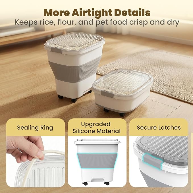 HOYTAMDAR 50Lbs Rice Container,Collapsible Food Storage Containers with Airtight Clear Lid,Wheels,Rice Storage Container with Small Bin and Scoop,Rice Dispenser for Flour Sugar Cereal Grain Dog Cat
