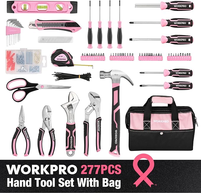 WORKPRO 277PCS Pink Tool Set, Portable Home Repairing Tool Kit for Women | with 13" Wide Mouth Open Storage Tool Bag, Home Tool Box Including Hammer, Screwdrivers, Pliers, Wrench and Household Tools