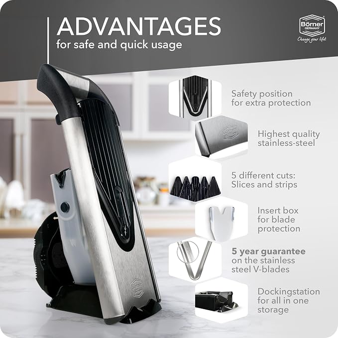 Börner Mandline Slicer V6 (Profi Set) • Stainless Steel Slicer with V-Blade • Adjustable Vegetable Slicer for Vegetables & Fruits • Slices, Strips & Dices in Various Thicknesses • Grater