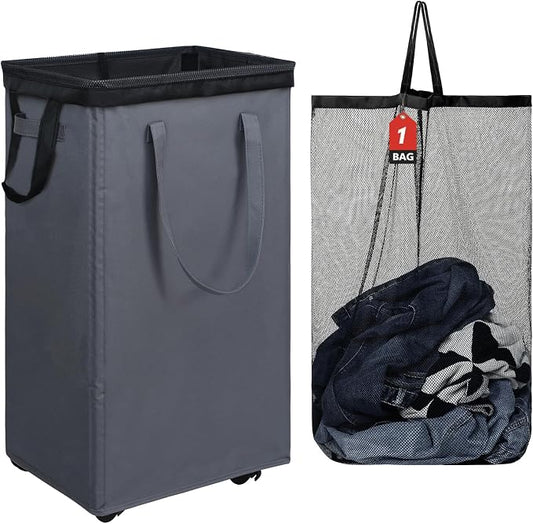 DOKEHOM 90L X-Large Rolling Laundry Basket Hamper on Wheels, Grey | Collapsible clothes hamper with removable mesh wash bag. High-capacity foldable washing bin organizer