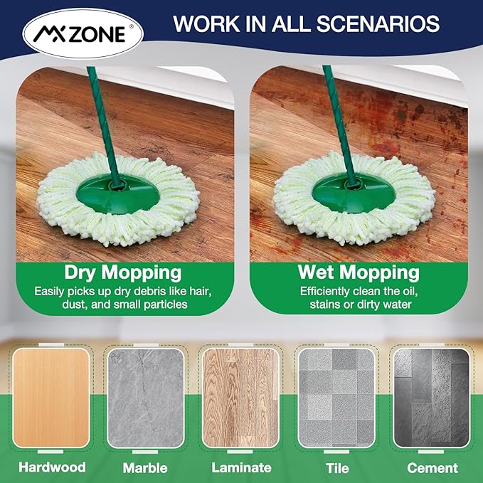 6 Pack Mop Head Replacement for Libman Tornado Spin Mops, Spin Mop Head Refill ONLY Compatible with Libman, Easy to Replace, Machine Washable, Green and White (NOT for Old Version)