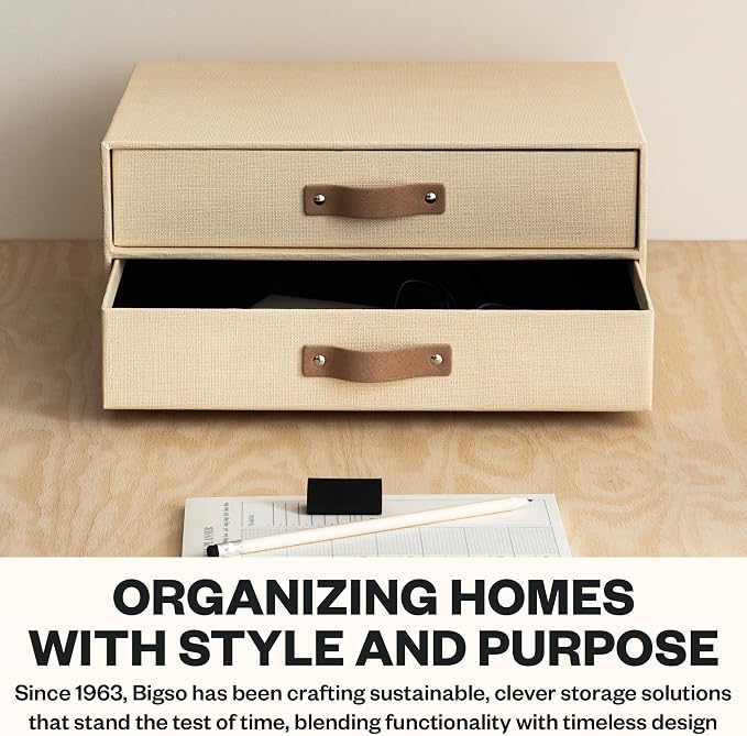 Bigso Birger 2 Drawers - Desktop Drawers for A4 and Letter Size Papers and Documents - Tabletop Drawers with Leather Handles - 13.1 in x 10 in x 5.7 in - Cream