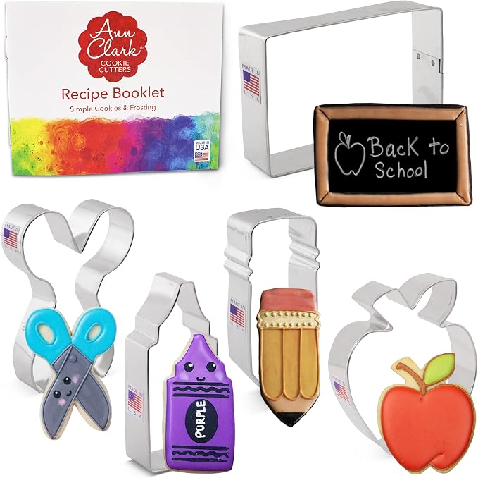 Ann Clark Back to School and Teacher Appreciation Cookie Cutters 5-Pc. Set Made in USA, Apple, Pencil, Crayon, Scissors, Paper