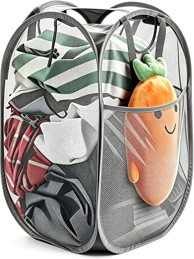 HOUSE AGAIN Strong Mesh Pop Up Laundry Hamper, 70L Collapsible Laundry Basket with Steel Frame, Double‑Stitched Handles & Side Pocket, Foldable Dirty Clothes Hamper for Dorm, Bedroom, Grey