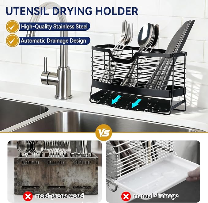 Utensil Holder, Stainless Steel Utensil Drying Rack with Automatic Drain Tray for Kitchen Counter, 3 Compartments Silverware Spoon Holder Cutlery Drainer Sink Caddy, Black
