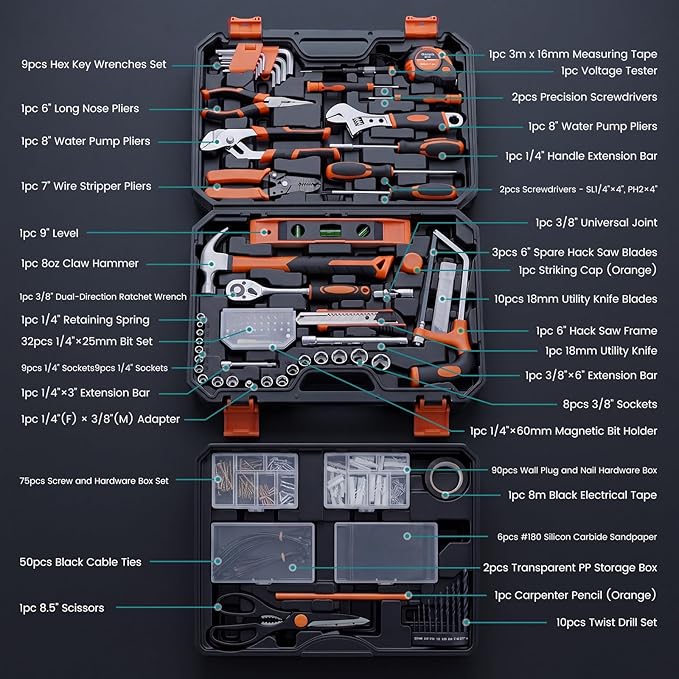OLIXIS 330 Piece Home Repair Tool Kit with Pull-Out Drawer, Carbon & Cr-V Steel Tool Box, Complete Homeowners Repair Kit for DIY & Auto Maintenance for Home, Black-Yellow