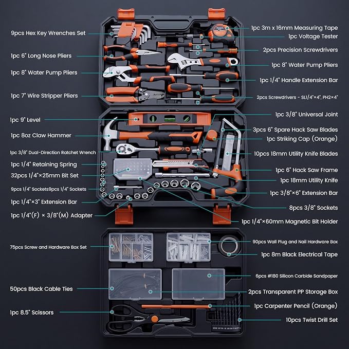 OLIXIS 330 Piece Home Repair Tool Kit with Pull-Out Drawer, Carbon & Cr-V Steel Tool Box, Complete Homeowners Repair Kit for DIY & Auto Maintenance for Home, Black-Yellow