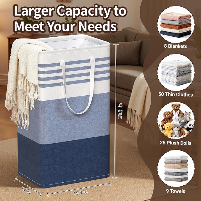 WOWBOX 2 Pack Laundry Baskets, Laundry Hampers, Freestanding Dirty Clothes Hampers with Reinforced Handles & Cross Stitch & Waterproof Coating, for Laundry Bedroom Bathroom Dorm,88L Blue