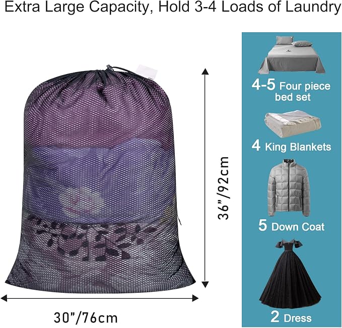 2 Pack Heavy Duty Diamond Mesh Laundry Bag, 30x36", Black | Drawstring & ID Tag, Breathable Mesh, Machine Washable, Commercial Grade, , For College Dorms, Travel, Sports Equipment