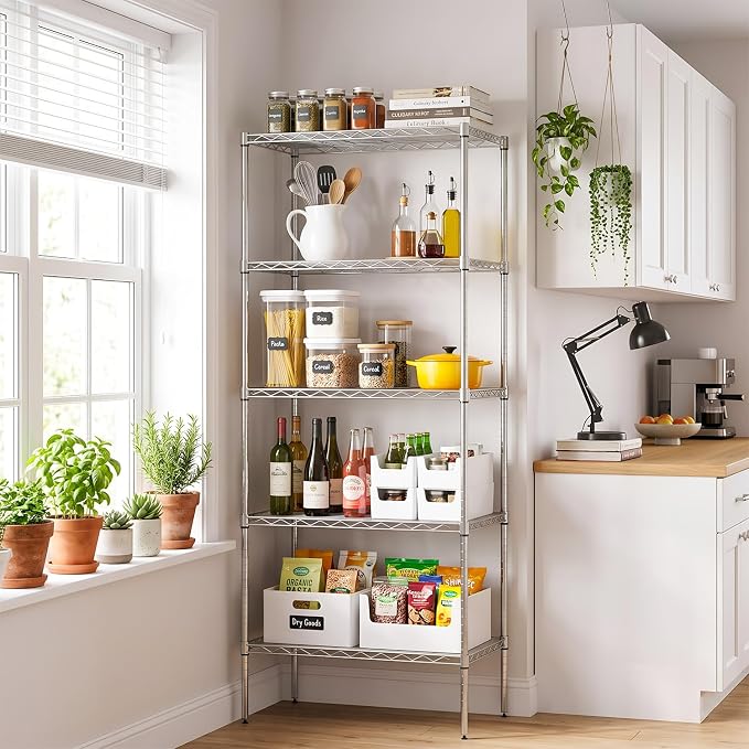 BestOffice | 5-Tier Wire Storage Shelves | 14x24x60 | Chrome | Heavy-Duty Metal Shelf, Holds Upto 750 lbs | No-Tool Assembly | Ideal for Home & Garage Shelving