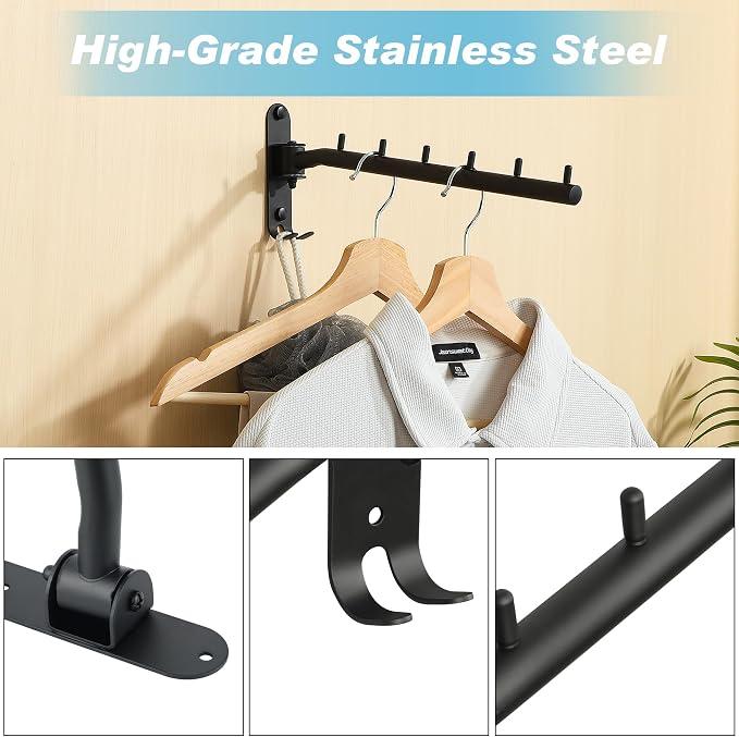 Alise Wall Mounted Drying Rack with Hook,Swivel Clothes Hanger,Black,1 Pcs | Space Saving Wall Rack for Clothes,Heavty Duty Stainless Steel Clothes Wall Drying Rack for Laundry Closet Bedroom/Bathroom