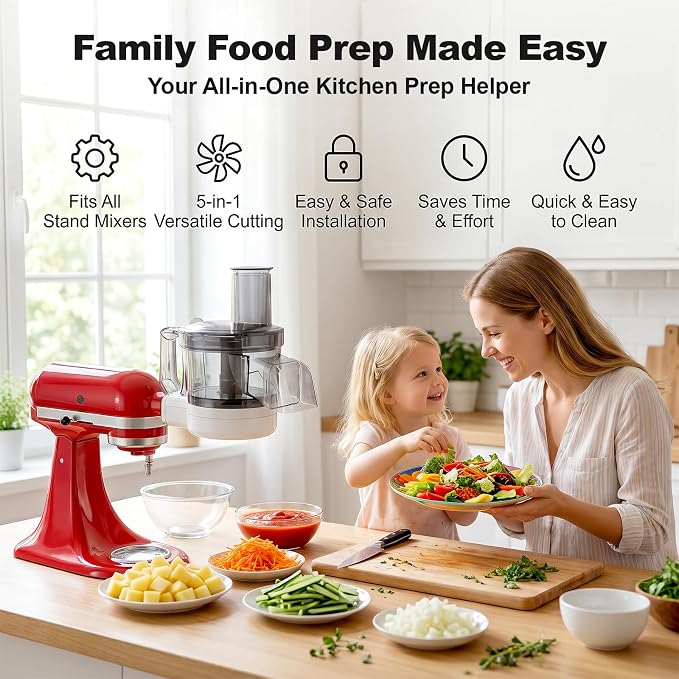 Food Processor Attachment for KitchenAid, 5-in-1 Vegetable Chopper & Dicer with Stainless Steel Blades, Includes Dicing, Slicing, Shredding, Strip Cutting, Sauce Discs and Storage Case by Focollk